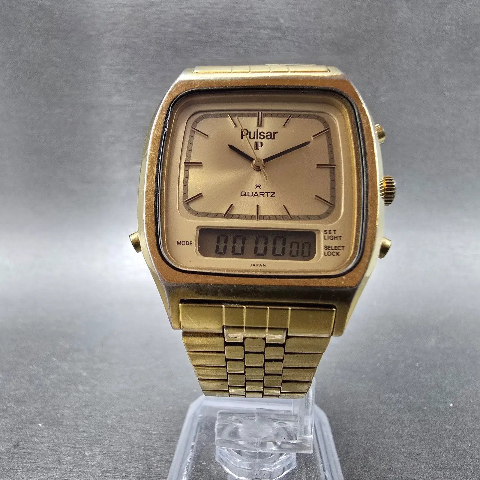 Seiko Pulsar Watch Men 33mm Champagne Dial Gold Tone Analog Digital New Battery5