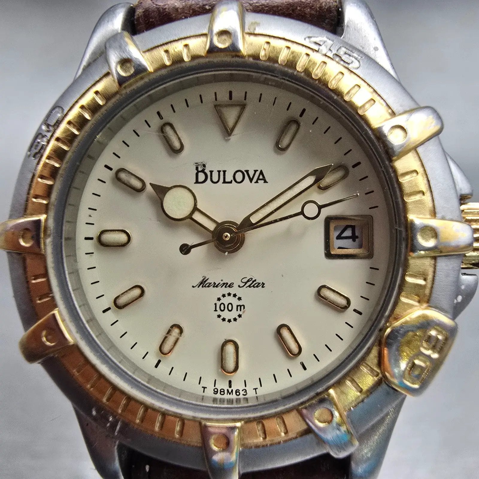 Bulova Marine Star Watch Women 26mm Cream Dial Two Tone Date Round 98M63 NewBatt1