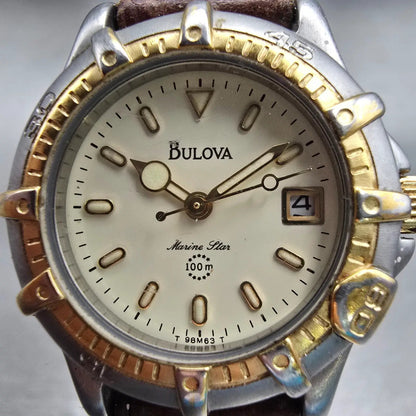 Bulova Marine Star Watch Women 26mm Cream Dial Two Tone Date Round 98M63 NewBatt1