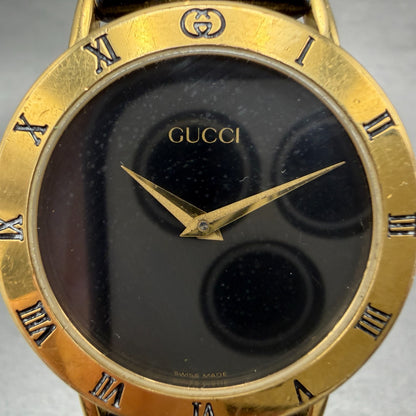 Gucci 3000M Watch Men 33mm Black Dial Gold Plated Round Leather New Battery1