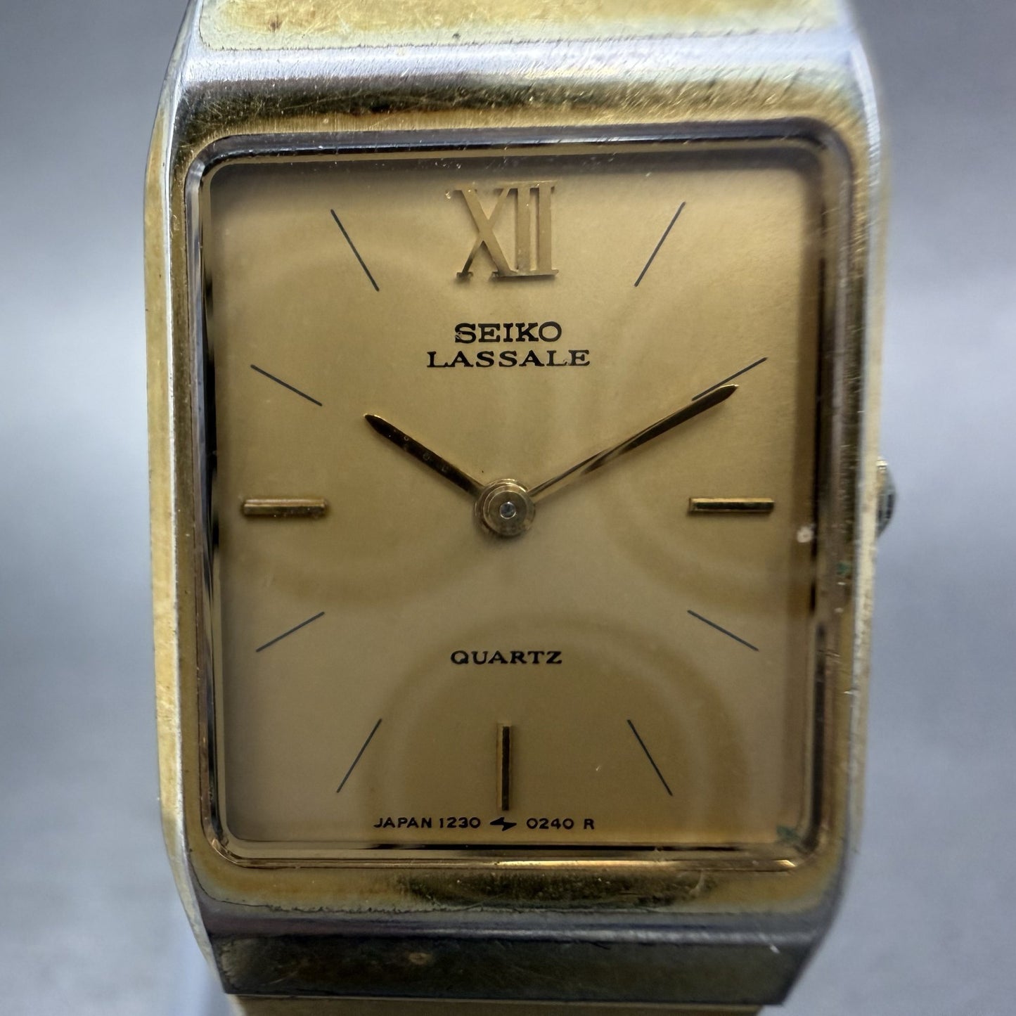 Seiko Lassale Tank Watch Women 18mm Champagne Dial Gold Tone 1230-5159 New Batt1