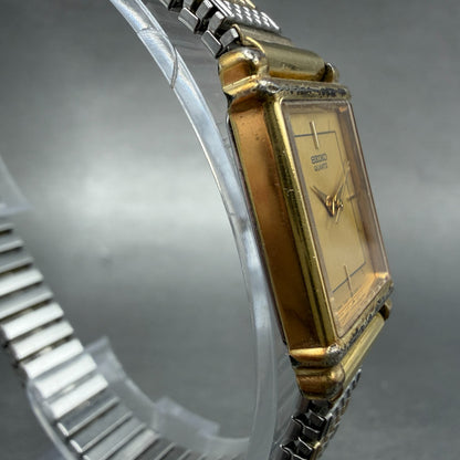Seiko Tank Watch Women 18mm Champagne Dial two Tone Rectangle 7321-5510 New Batt3