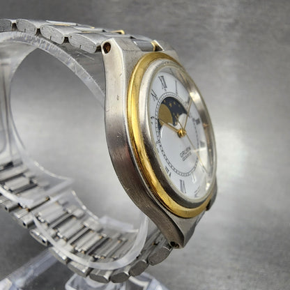 Gruen Moonphase Watch Men 34mm White Dial Two Tone Date Round New Battery
