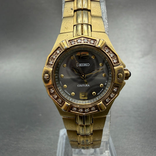 Seiko Coutura Watch Women 23mm Gray Dial Gold Tone 1N01-0lE0 New Battery ABC0