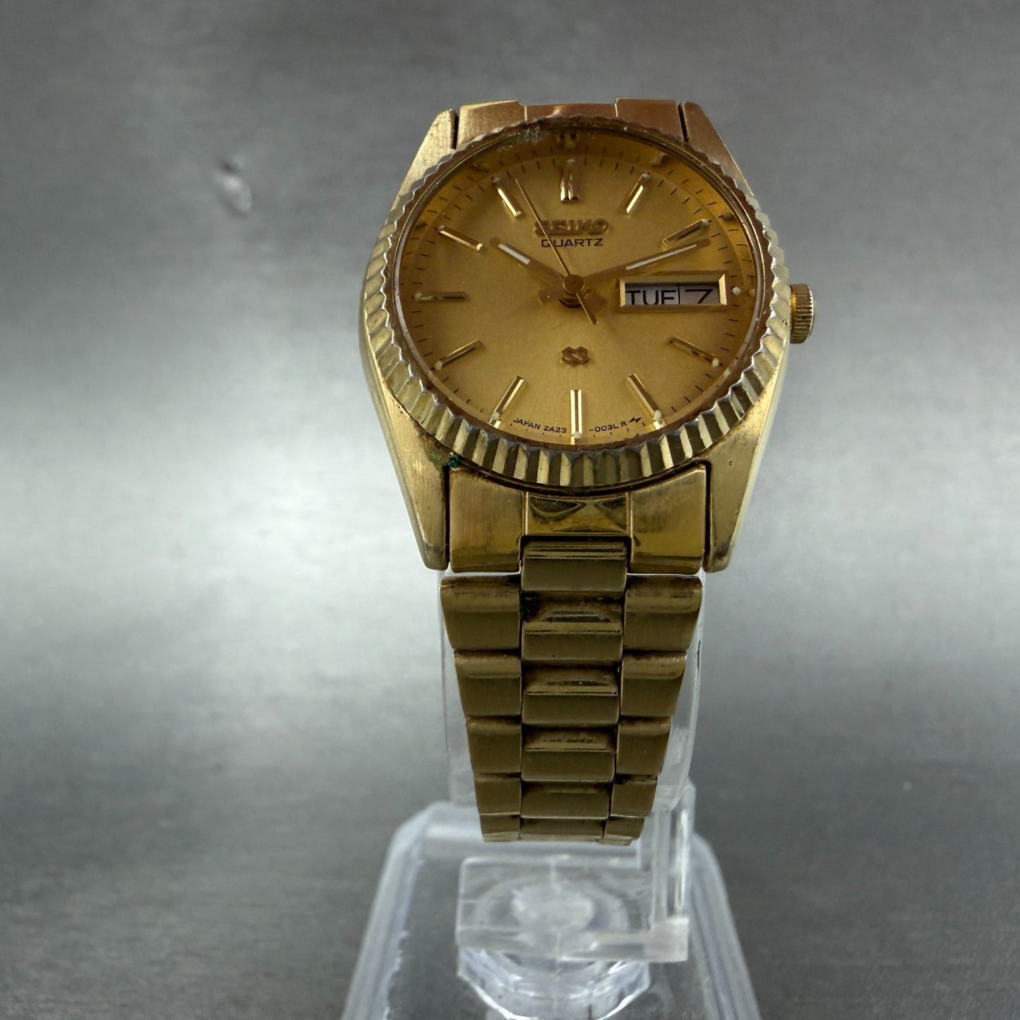 Seiko SQ Watch Women 24mm Champagne Dial Gold Tone Daydate 2a23-0030 New BattLPA5