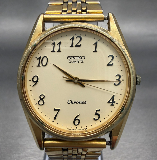 Seiko Chronos Watch Men 34mm Champagne Dial Gold Tone Round 8121-8000 New Batt0