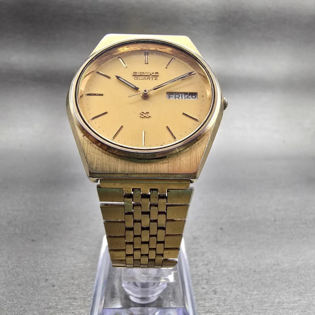 Seiko SQ Watch Men 34mm Gold Dial Gold Tone Daydate Round 8123-7249 New Batteryj5