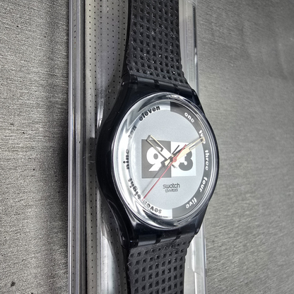 Swatch Nüni Watch Men 34mm Silver Dial Black Tone Round GM108 New Battery NOS5