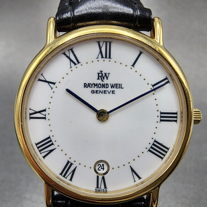 Raymond Weil Watch Men 32mm White Dial Gold Plated Date Round 91242 New Battery1