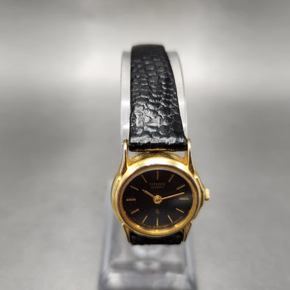VTG Citizen CQ Watch Women 21mm Black Dial Gold Tone Round 3220914864 New Batt3