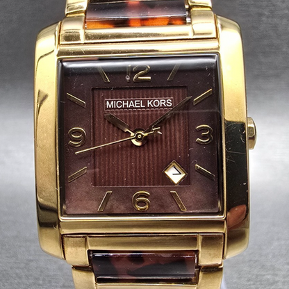Michael Kors Tortoise Watch Women 29mm Brown Dial Gold Tone Date MK4242 New Batt1