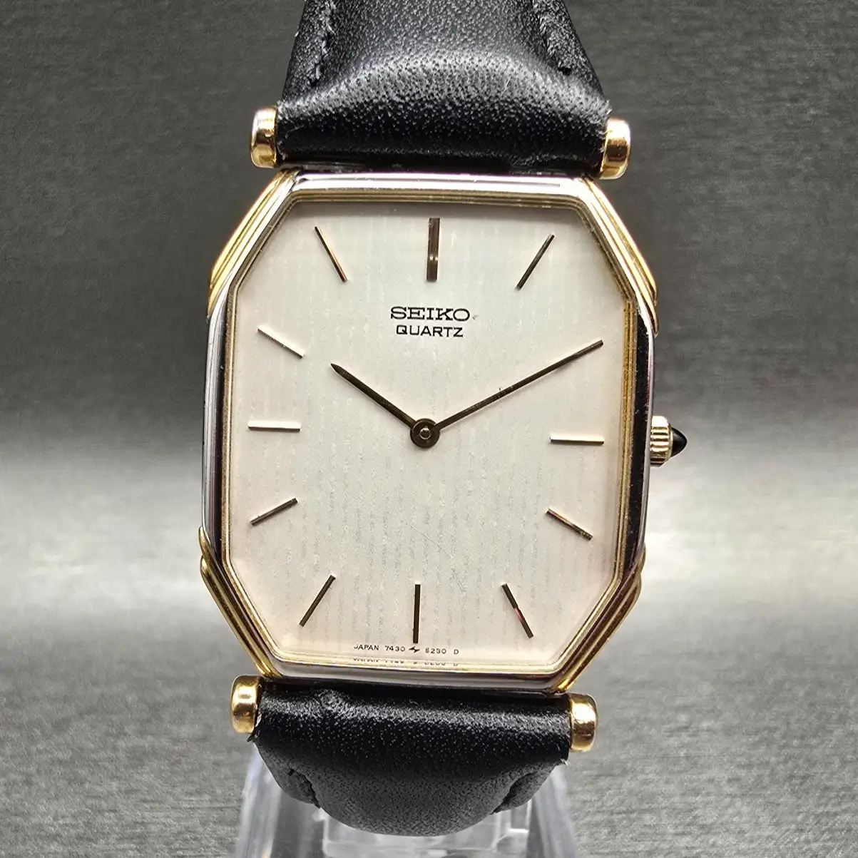Seiko Watch Men 26mm White Dial Gold Tone Octagon 7430-5130 New Battery Dress0