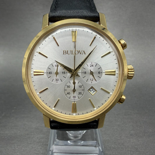 Bulova Chronograph Watch Men 41mm Silver Dial Gold Tone Date 97B155 New Battery0