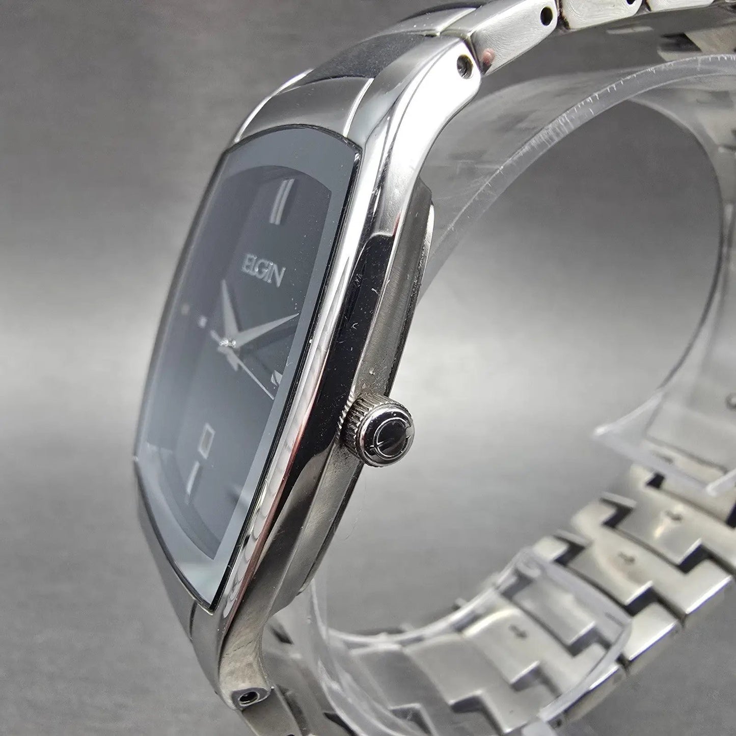 Elgin Tank Watch Men 34mm Black Dial Silver Tone Date Rectangle EG453 NewBattery3