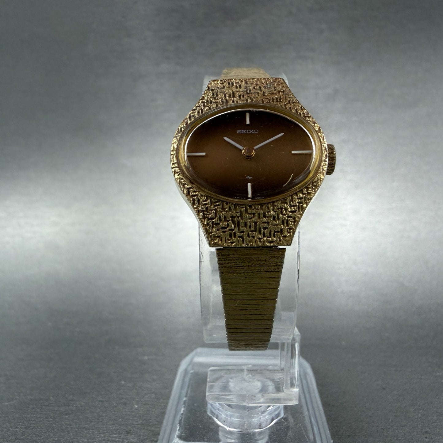 Seiko Watch Women 22mm Brown Dial Gold Tone Oval Manual Winds Runs 11-7719 VTG5