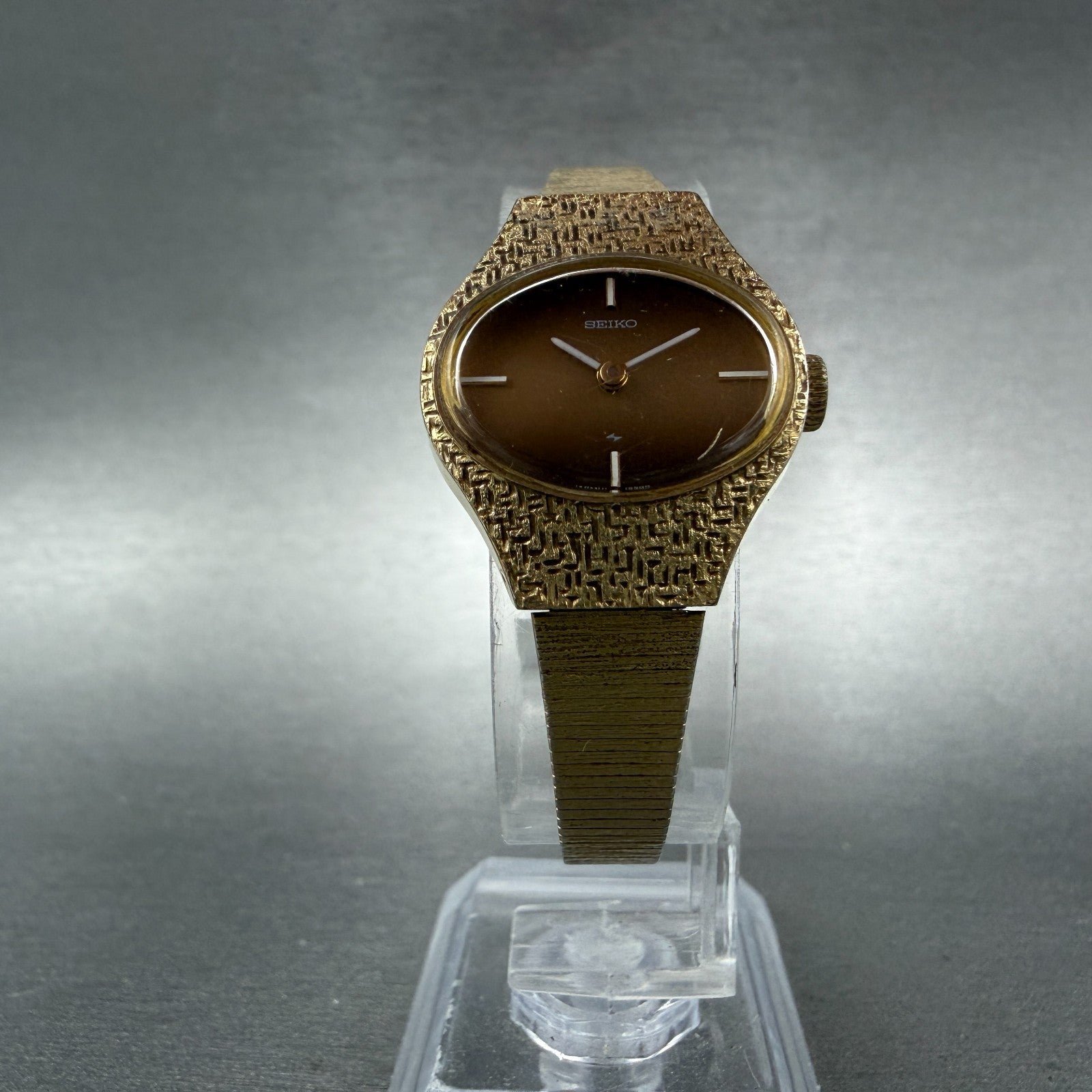 Seiko Watch Women 22mm Brown Dial Gold Tone Oval Manual Winds Runs 11-7719 VTG5