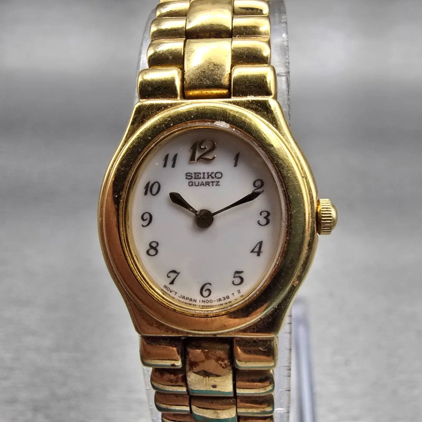Seiko Watch Women 18mm White Dial Gold Tone Oval 1N00-5C70 New Battery Vintage0