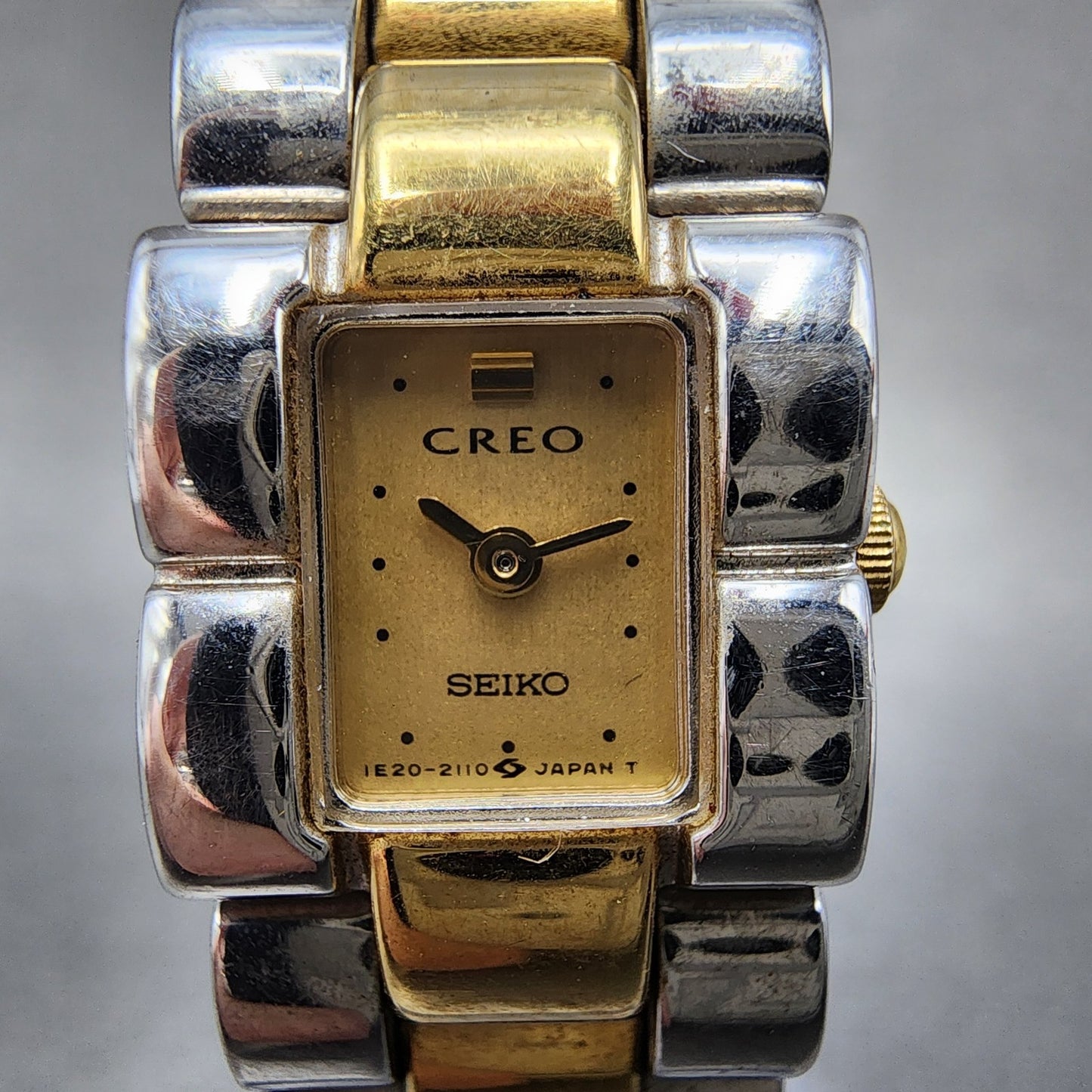 Seiko Creo Tank Watch Women 15mm Champagne Dial Two Tone 1e206250 New Battery1