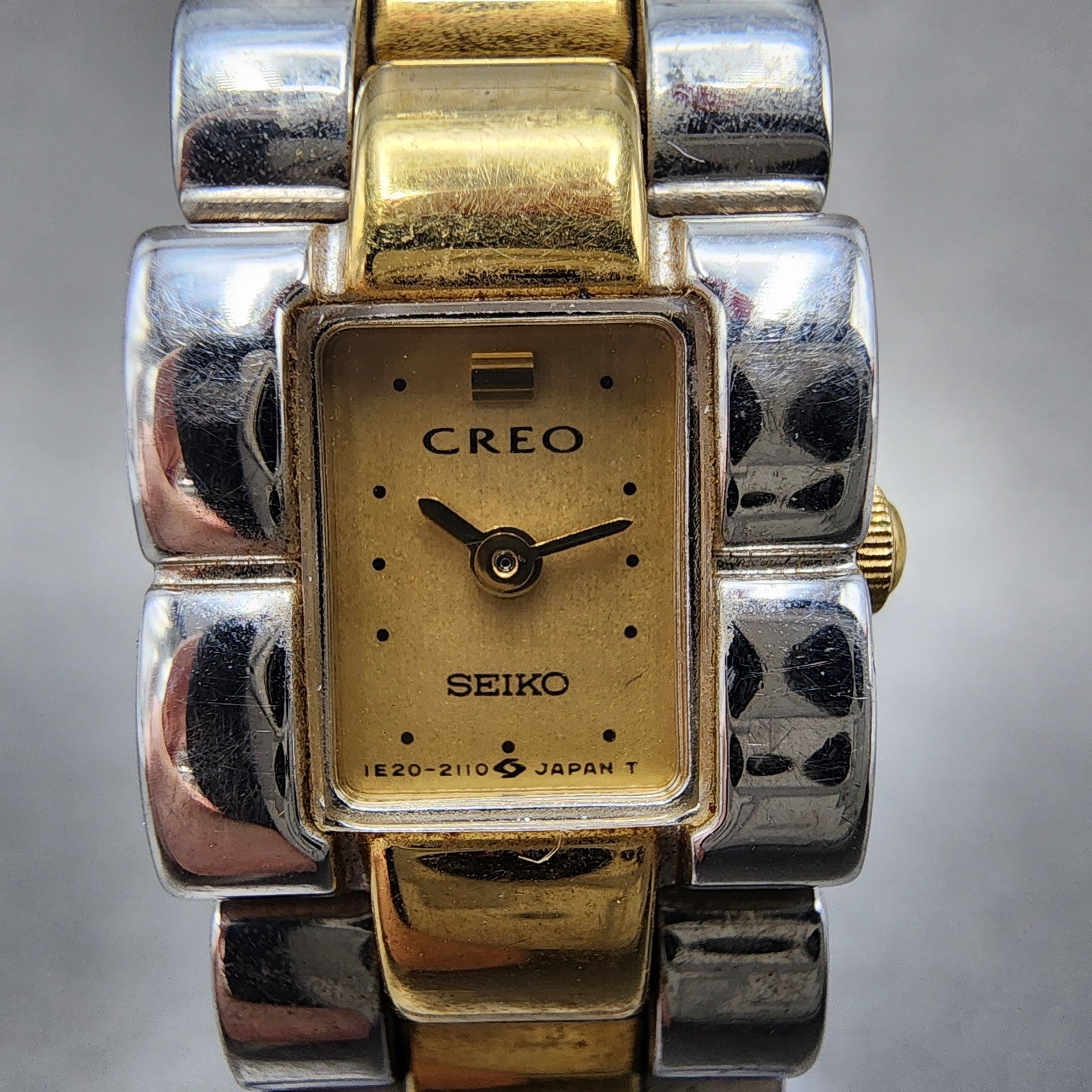 Seiko Creo Tank Watch Women 15mm Champagne Dial Two Tone 1e206250 New Battery1