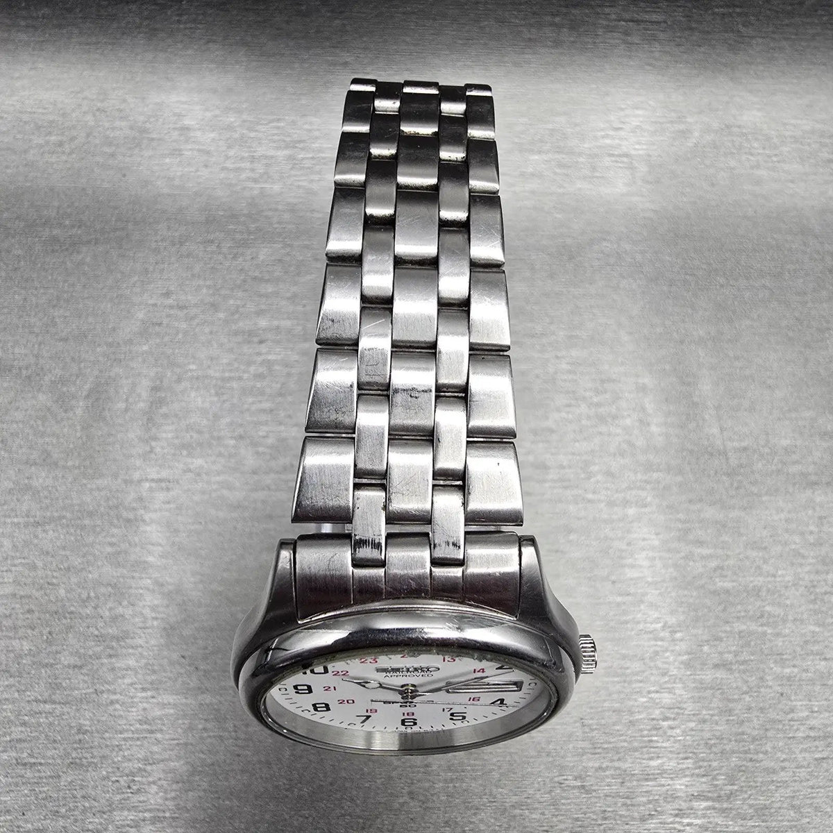 Seiko Railroad Approved Watch Men 37mm White Dial Silver Daydate 7N43-9A00 Runs5