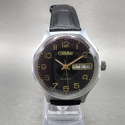 Slava Watch Men 39mm Black Dial Silver Tone Daydate Round Manual Wind Runs VTG0