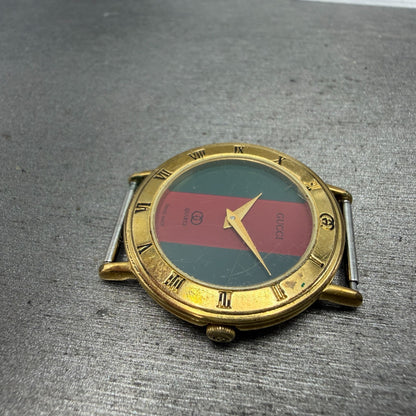 Gucci 3000L Watch Women 26mm Red Green Dial Gold Plated Round Leather New BattA56