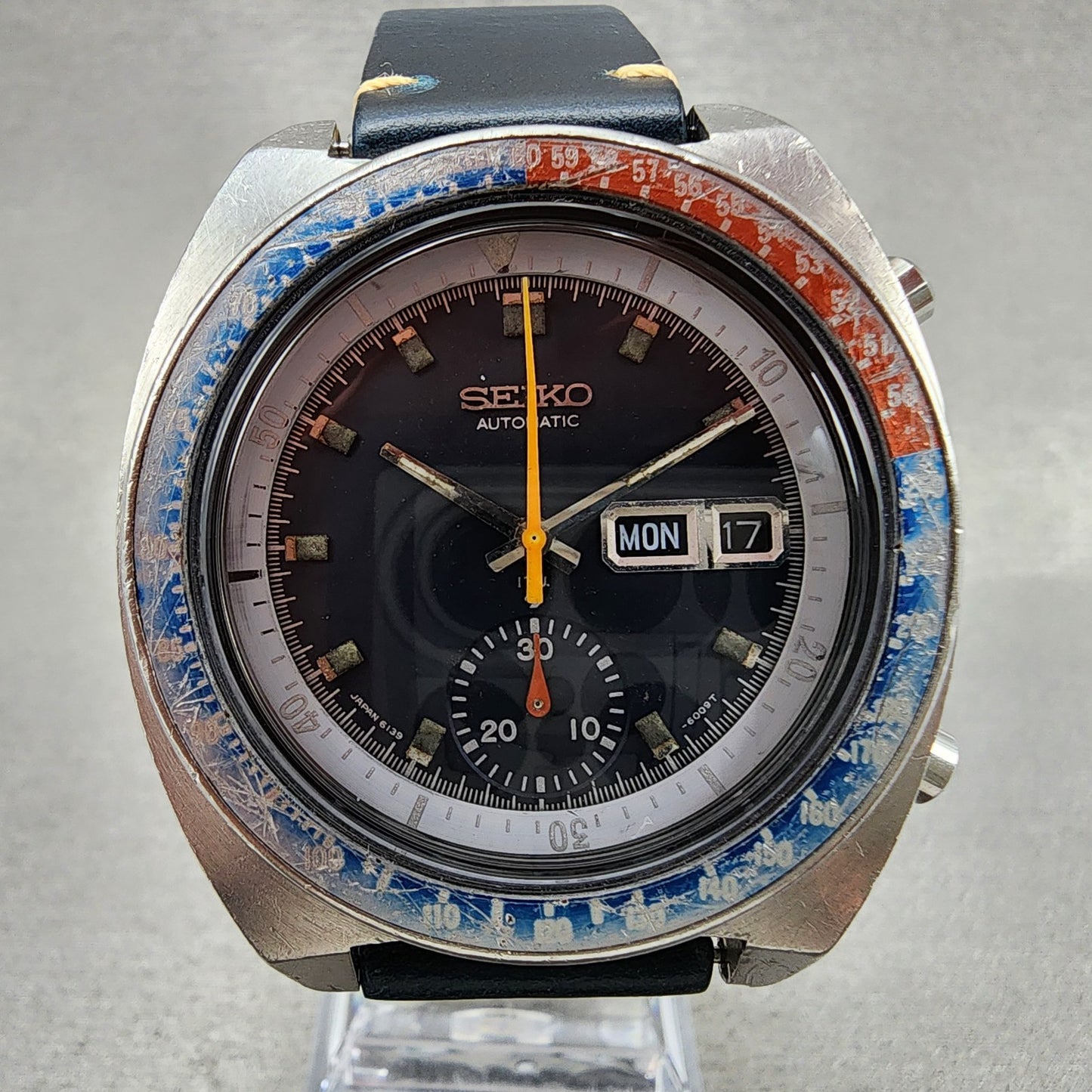 Seiko Pogue Chronograph Watch Men 41mm Blue Dial Steel Daydate 6139 Serviced1