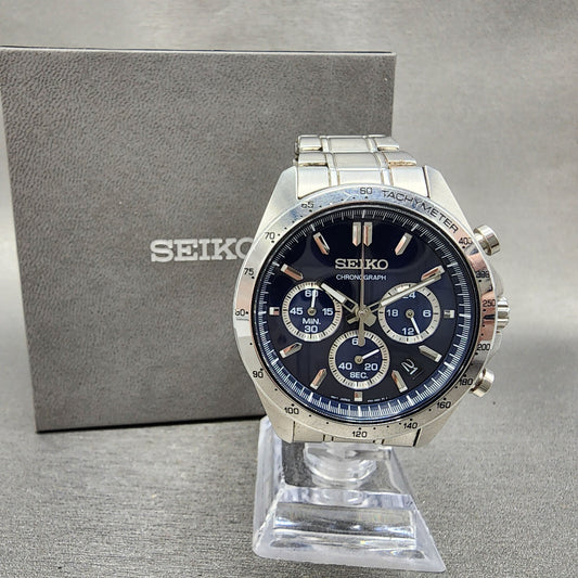 Seiko Chronograph Watch Men 40mm Blue Dial Silver Tone Date 8t63-00d0 NewBattery