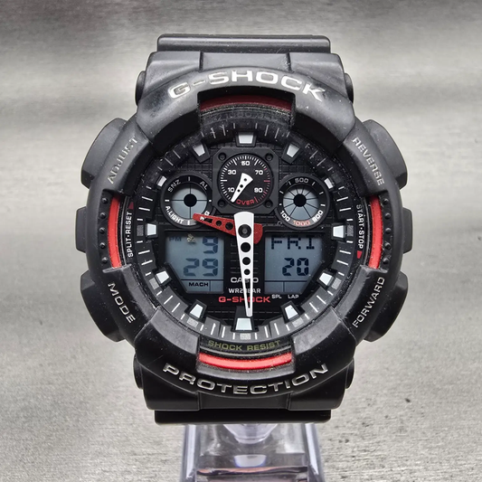 Casio G-Shock GA-100 Watch Men 51mm Black Red Chronograph Alarm New Battery P0