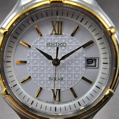 Seiko Solar Watch Women 28mm White Dial Two Tone Date Round V187-0AA0 Runs JP1