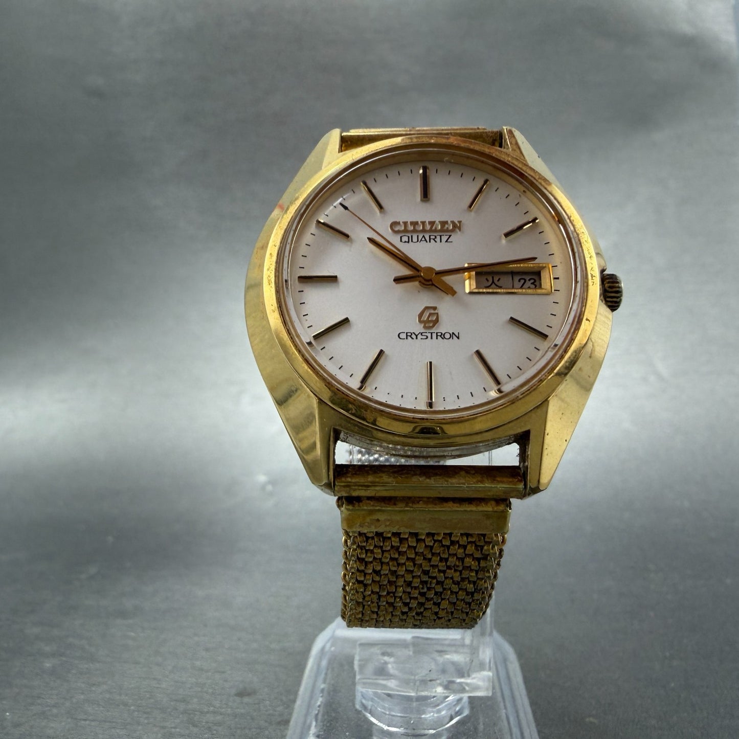 Citizen CQ Crystron Watch Men 38mm Silver Dial Gold Tone Daydate 4-860250 NewBat5