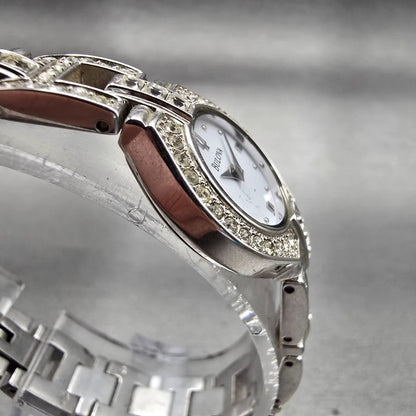 Bulova Watch Women 19mm White Dial Silver Tone Gemmed Round 96T21 New Battery3
