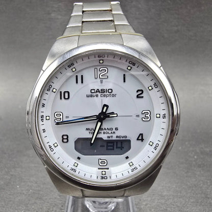 Casio Wave Ceptor Watch Men 42mm White Dial Steel Solar Analog Digital Works GTH0