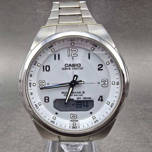 Casio Wave Ceptor Watch Men 42mm White Dial Steel Solar Analog Digital Works GTH0