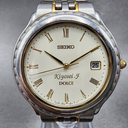 Seiko Dolce Watch Men 35mm  White Dial Two Tone Round Date 5e32-6b00 New Battery