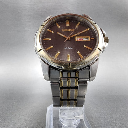Seiko Watch Men 39mm Black Dial Two Tone Round Daydate 7n430az0 New Batttery5