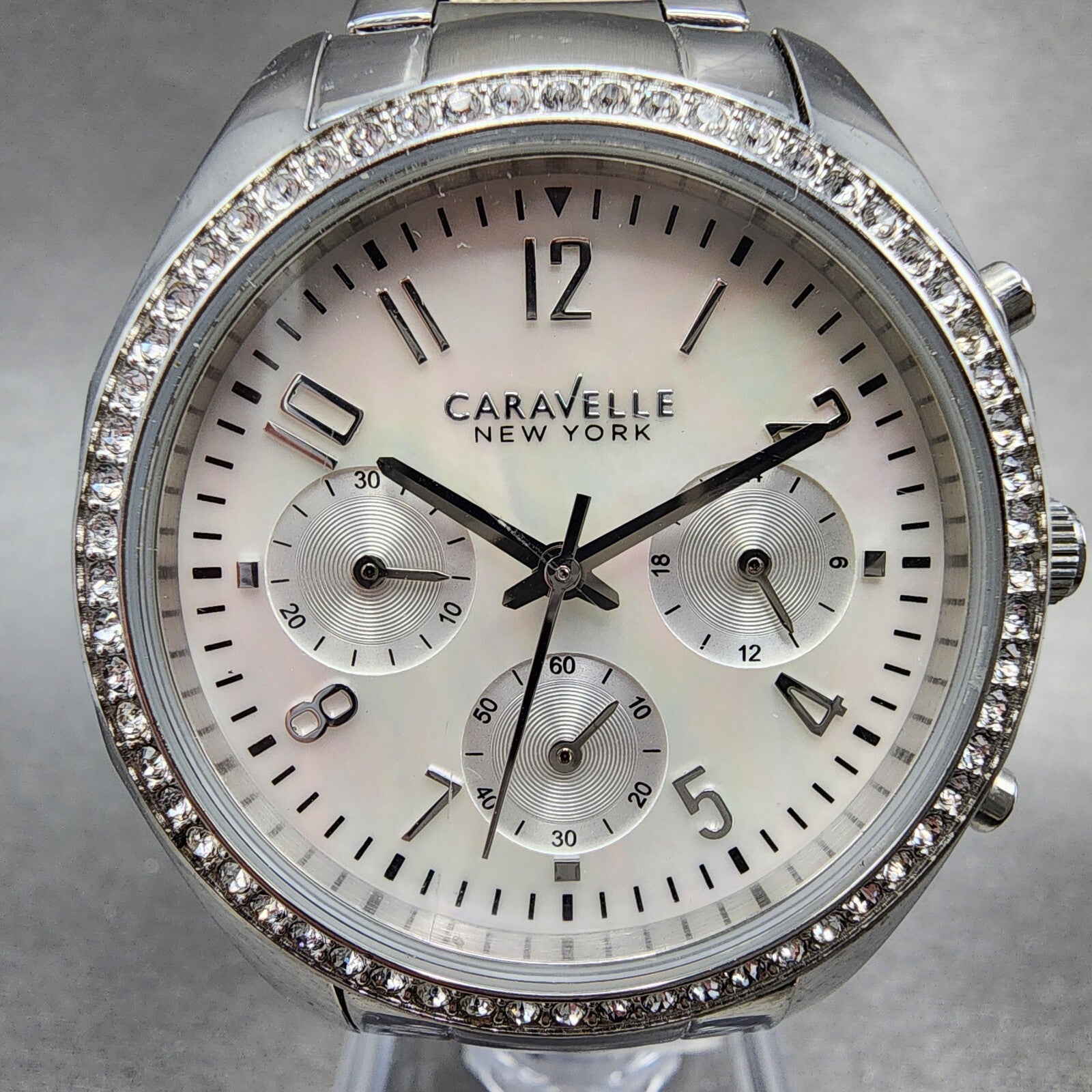 Bulova Caravelle Chronograph Watch Women 37mm MOP Dial Steel Round New Battery1