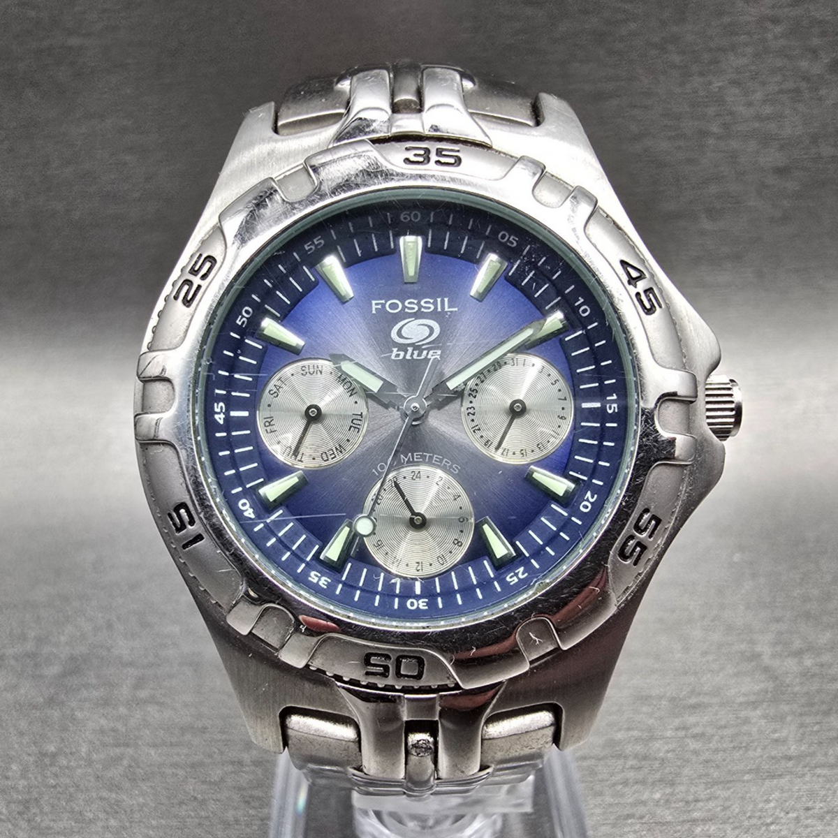 Fossil Blue Watch Men 36mm Blue Dial Silver Tone Daydate Round BQ-9185 New Batt0