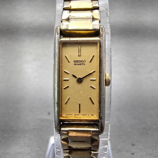 Seiko Watch Women 12mm Gold Dial Gold Tone Rectangle 2E20-5239 New Battery VTG0