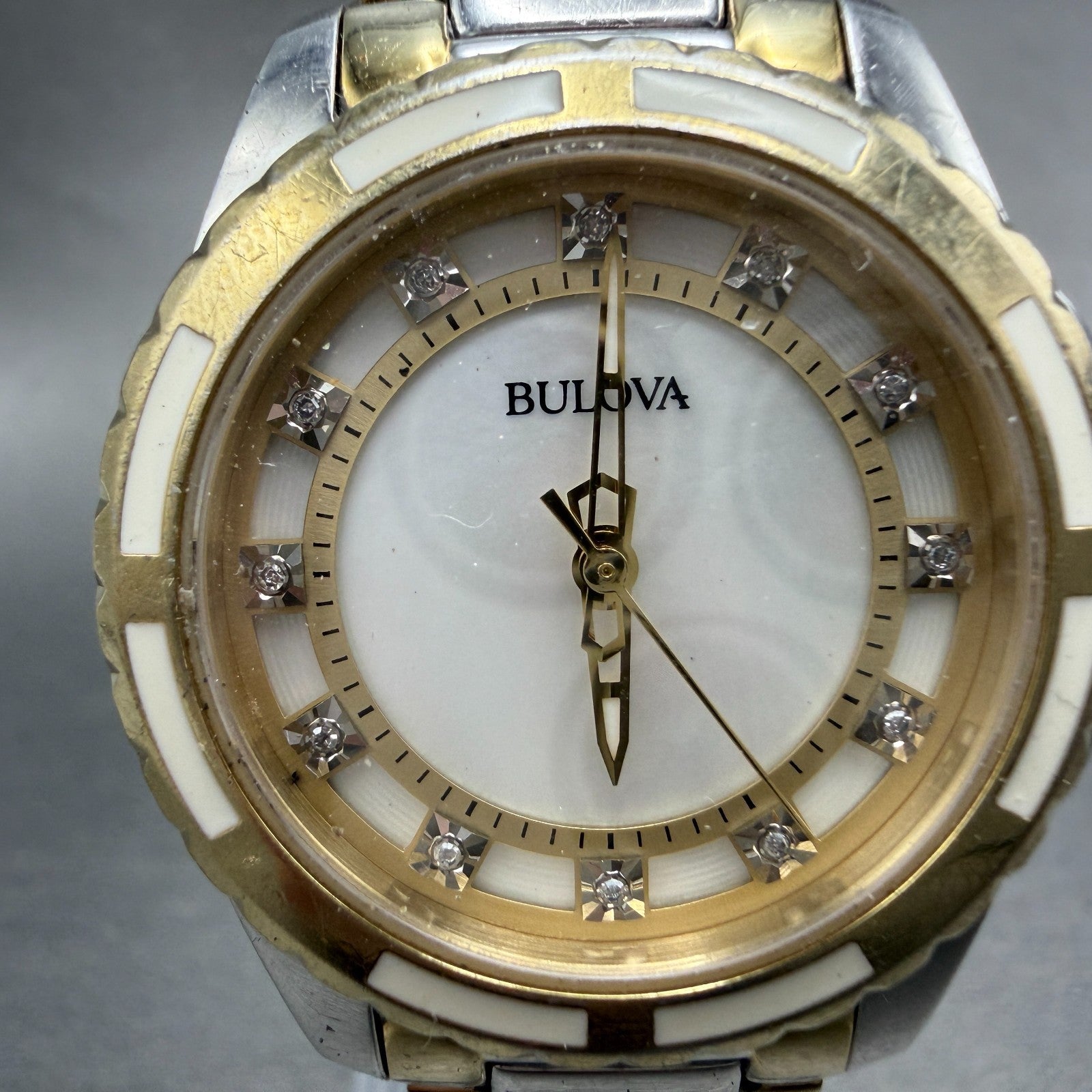 Bulova Diamond Watch Women 32mm MOP Dial Two Tone Round 98P140 PARTS NO CROWN2