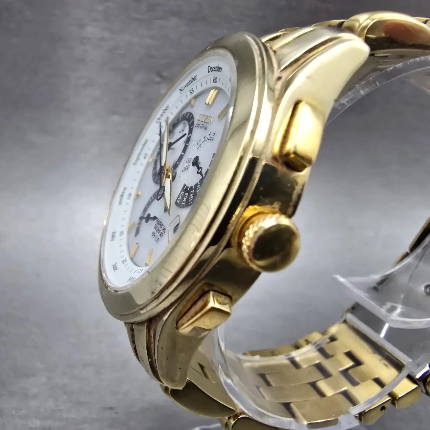 Citizen Eco-Drive Perpetual Calendar Watch Men 39mm White Dial Gold Alarm Runs2