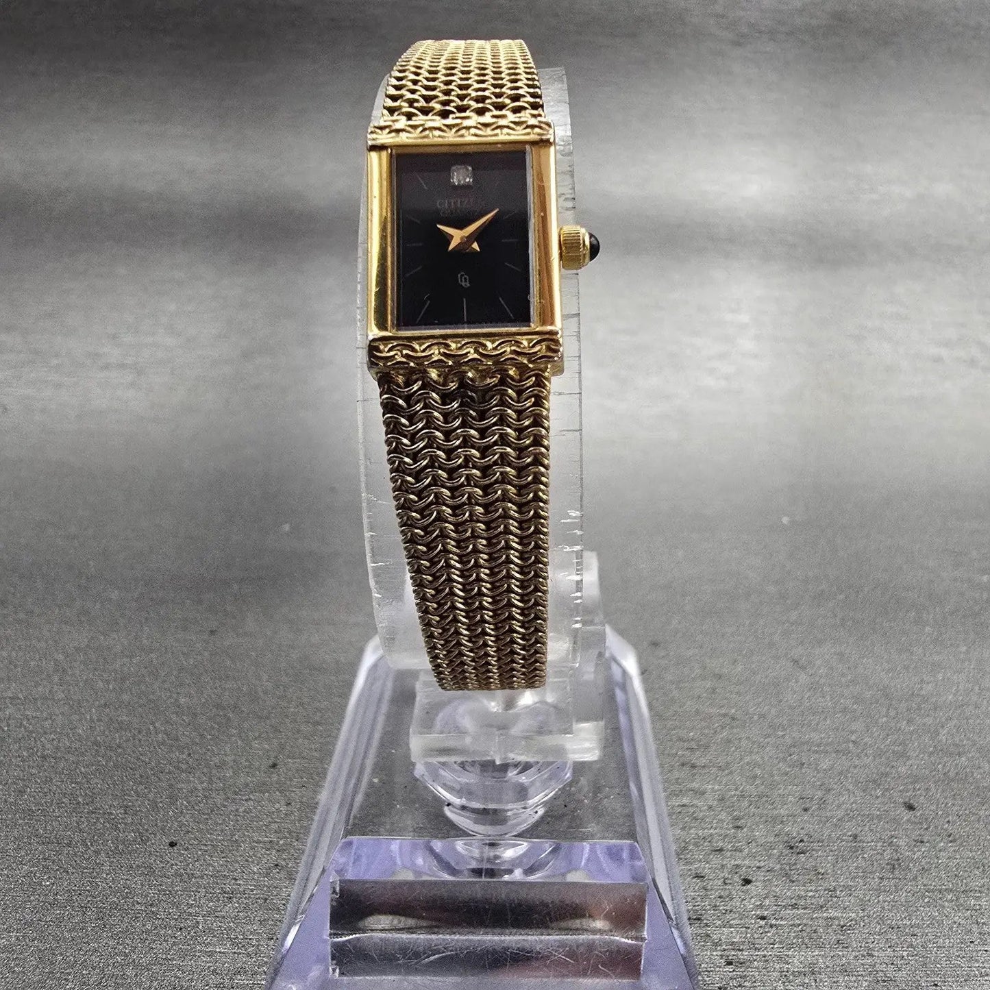 Citizen CQ Tank Watch Women 12mm Black Dial Gold Tone Rectangle Mesh band NewBat5