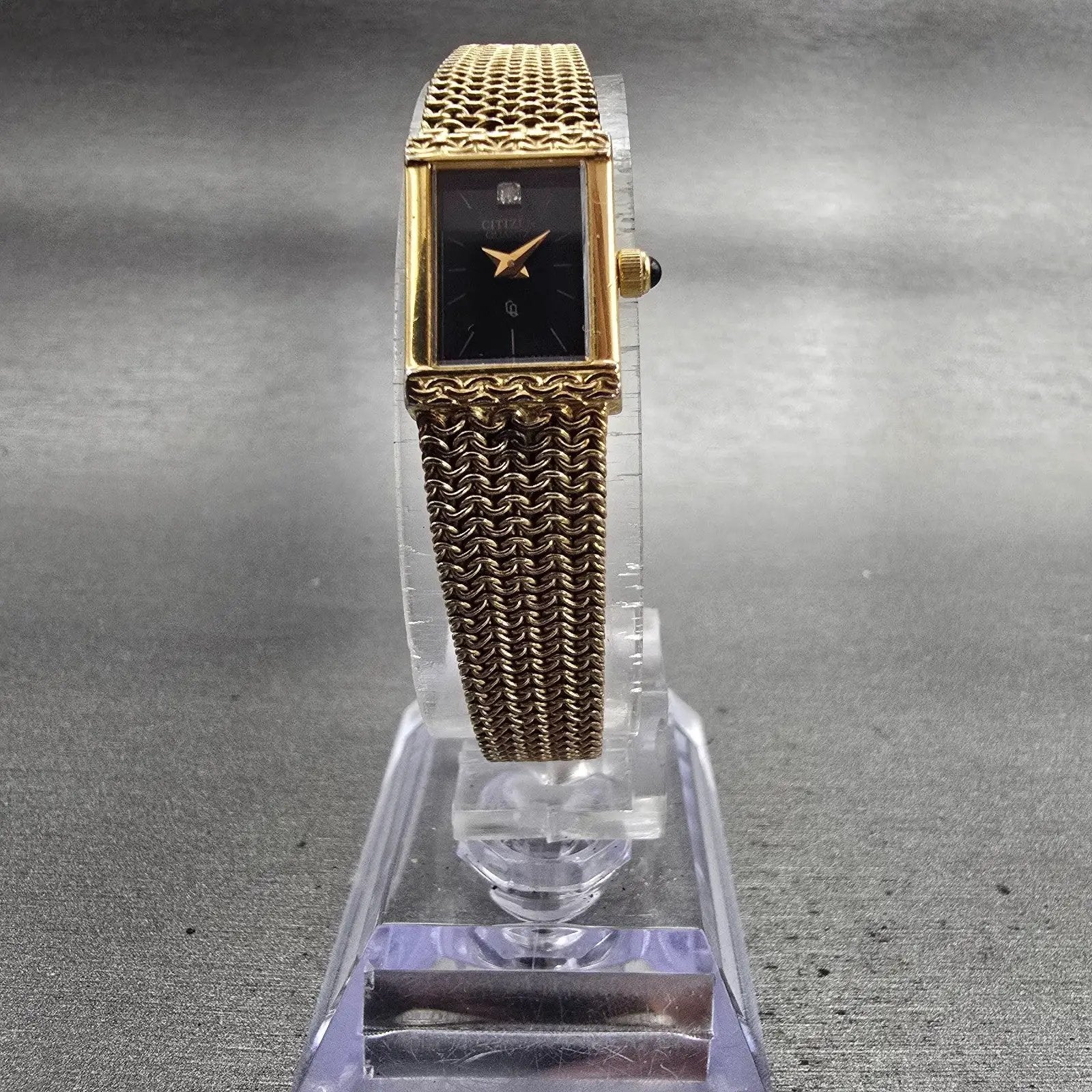 Citizen CQ Tank Watch Women 12mm Black Dial Gold Tone Rectangle Mesh band NewBat5