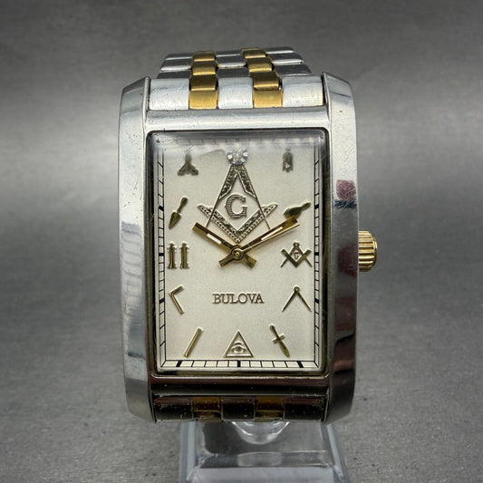 Bulova Free Mason Tank Watch Men 30mm Silver Dial Two Tone 98A137 New Battery0