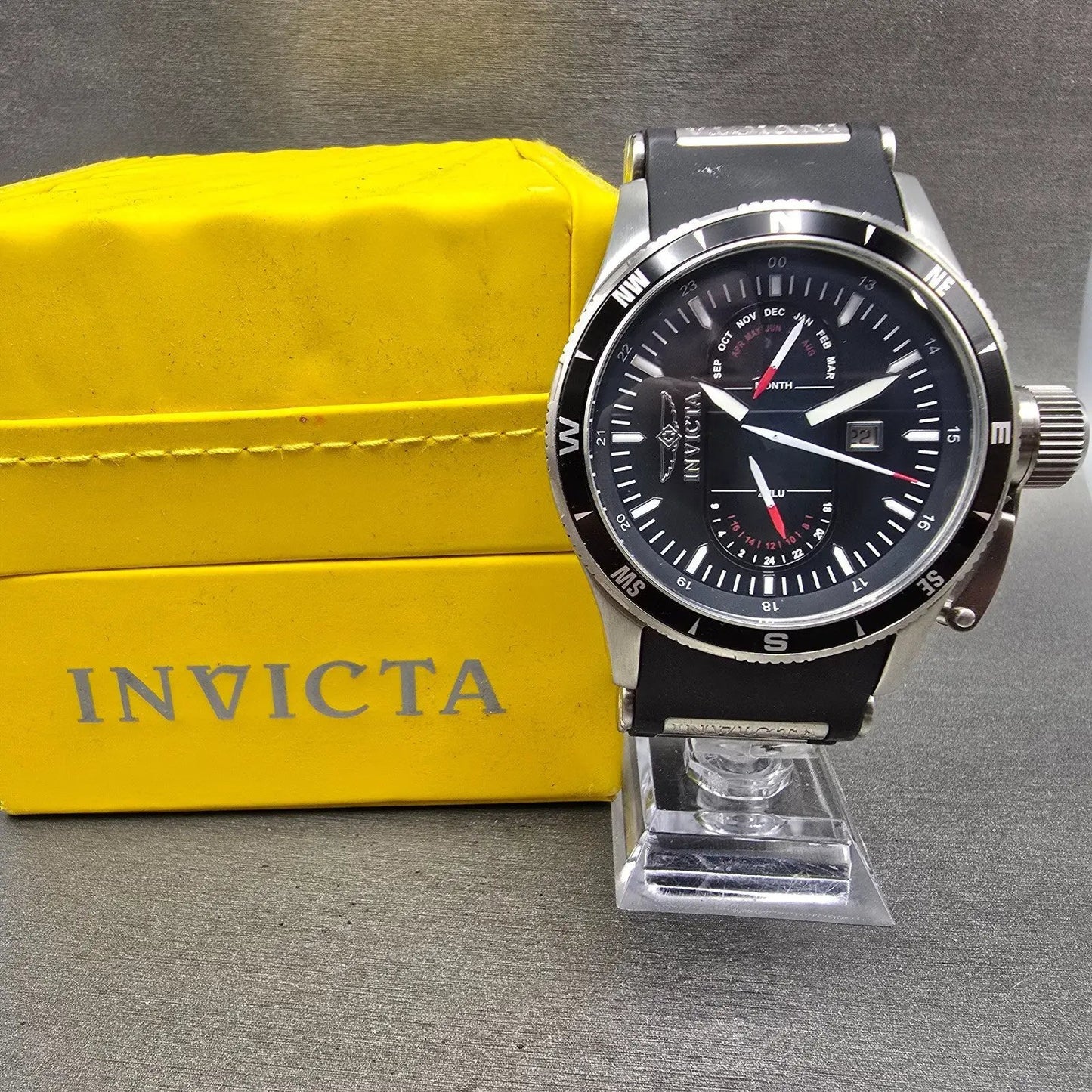 Invicta Aviator Flight GMT Watch Men 48mm Black Dial Steel Date 1746 New Battery0