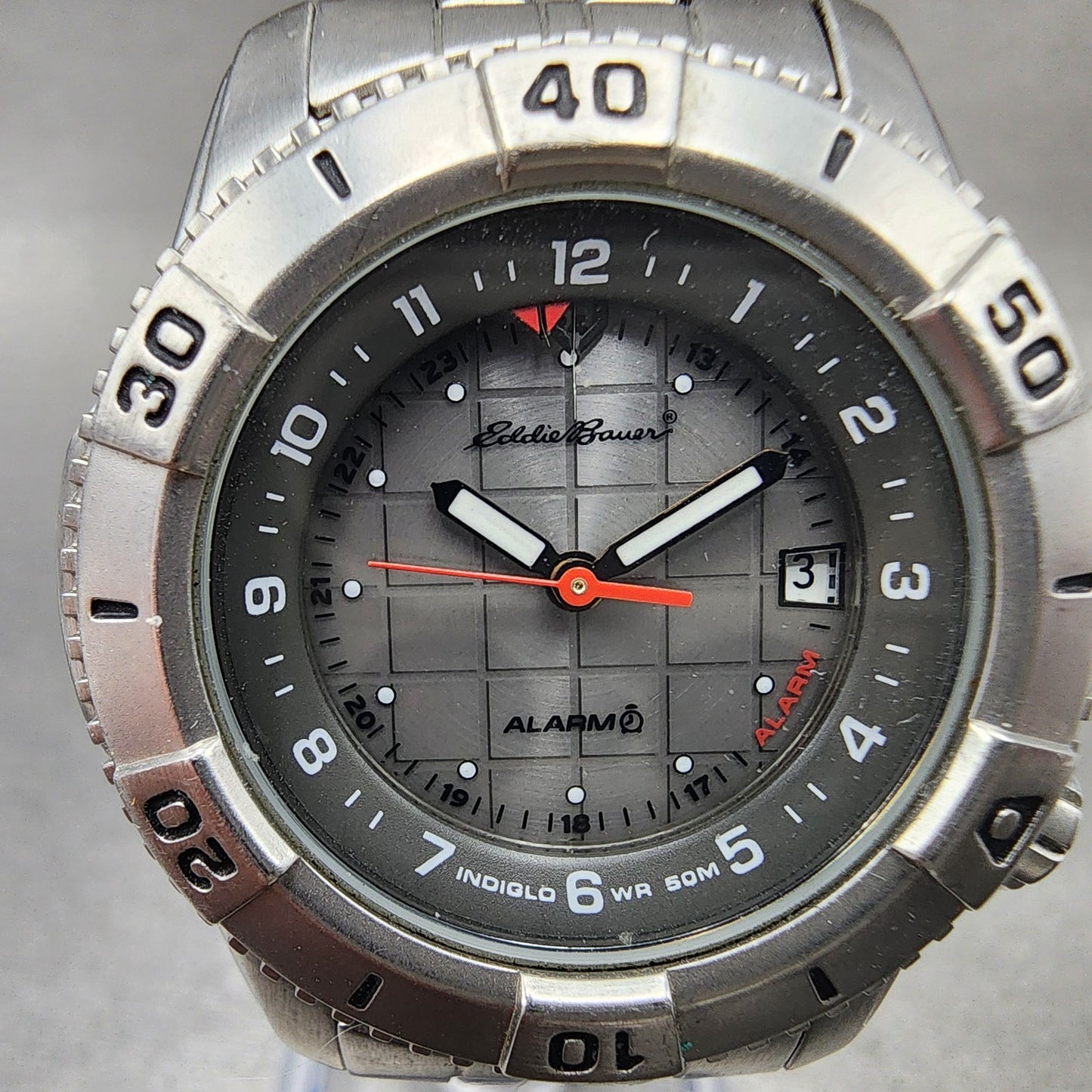 Eddie Bauer Watch Women 32mm Gray Dial Silver Tone Date Alarm Round New Battery1