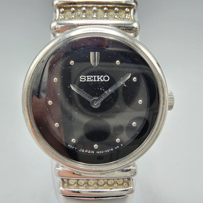 VTG Seiko Watch Women 21mm Black Dial Silver Tone Round 1N00-0SC0 New Battery