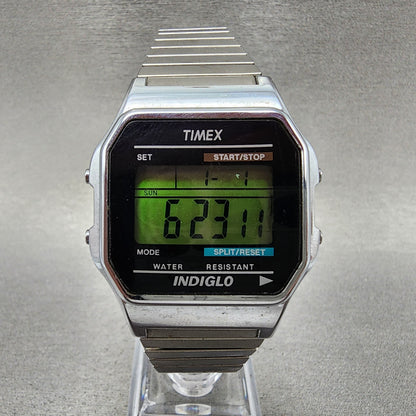 Timex Indiglo Digital Watch Men 36mm Digital Silver Tone Alarm Chrono New Batt
