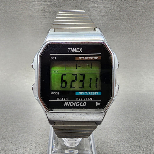 Timex Indiglo Digital Watch Men 36mm Digital Silver Tone Alarm Chrono New Batt
