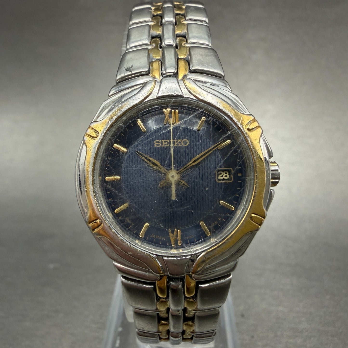 Seiko Watch Women 26mm Blue Dial Two Tone Date Round 7n82-0at0 New Battery VTG0
